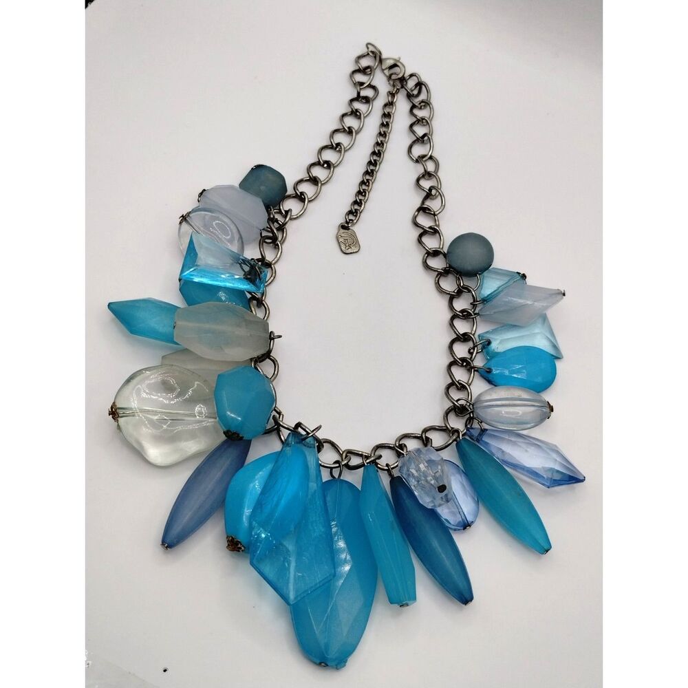 Vintage Signed You & I Silver Tone Necklace Large Lucite Beads Sea Glass Colors